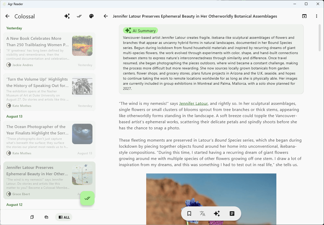 Agr Reader on Windows - two-column layout with list and article
